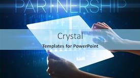  Presentation with partnership - Theme with hand-holding-futuristic-tablet background and a light blue colored foreground