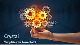  Presentation with innovation - Cool new slide set with hand holding gears in his backdrop and a navy blue colored foreground