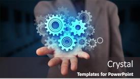  Presentation with hand holding puzzle piece - Colorful PPT layouts enhanced with hand holding gears in his hand backdrop and a dark gray colored foreground