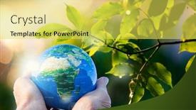  Presentation with green globe - Colorful presentation enhanced with hand holding globe lush green leaves in background backdrop and a yellow colored foreground