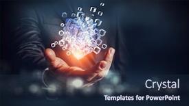  Presentation with innovation - PPT layouts having hand-holding-glowing-cubes-innovation background and a navy blue colored foreground