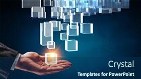  Presentation with innovation - Amazing PPT theme having hand-holding-glowing-cubes-innovation backdrop and a ocean colored foreground