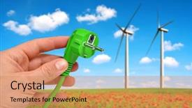  Presentation with green plug - Presentation theme consisting of hand holding green electric plug background and a coral colored foreground