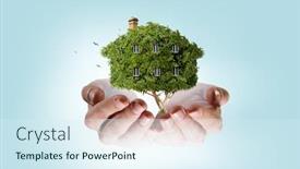  Presentation with green house - Presentation design having hand-holding-green-house-mixed background and a sky blue colored foreground