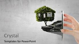  Presentation with green house - Slide deck having hand-holding-green-house-mixed background and a light gray colored foreground