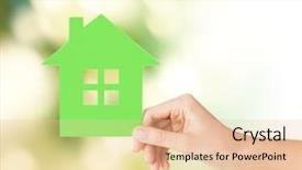  Presentation with green real estate - Cool new slide deck with hand holding green paper house backdrop and a lemonade colored foreground