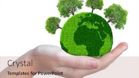  Presentation with green planet - PPT theme with hand holding green planet with trees isolated on white background background and a coral colored foreground