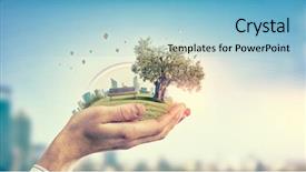  Presentation with green chemistry close up - Slide set consisting of hand holding green tree background and a light blue colored foreground