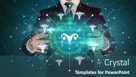  Presentation with healthcare - PPT theme featuring hand-holding-healthcare-icons-concept background and a ocean colored foreground