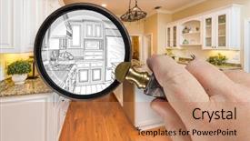  Presentation with kitchen design - PPT theme enhanced with hand holding magnifying glass revealing background and a coral colored foreground