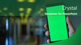  Presentation with green moving - Cool new PPT theme with hand-holding-mobile-phone backdrop and a ocean colored foreground