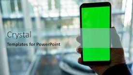  Presentation with green moving - PPT theme having hand-holding-mobile-phone background and a light blue colored foreground