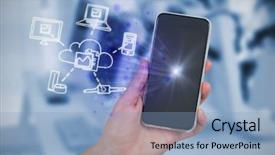  Presentation with mobile technology - Colorful PPT layouts enhanced with hand holding mobile phone backdrop and a light blue colored foreground