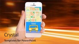  Presentation with smart - Cool new PPT theme with hand holding mobile smart phone backdrop and a  colored foreground