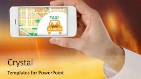  Presentation with smart - Audience pleasing PPT theme consisting of hand holding mobile smart phone backdrop and a  colored foreground