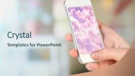  Presentation with mobile computing - Cool new slide set with hand holding mobile smart phone with sky in screen cloud computing concept backdrop and a sky blue colored foreground