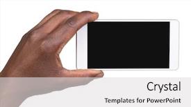  Presentation with mobile phone in woman hand - Cool new theme with hand holding mobile smart phone backdrop and a  colored foreground