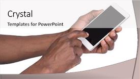  Presentation with black hand - Amazing slide deck having hand holding mobile smart phone backdrop and a white colored foreground