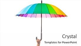  Presentation with umbrella - Cool new theme with hand holding multicolored umbrella isolated backdrop and a white colored foreground