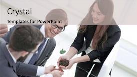  Presentation with sprout - Slide set consisting of hand holding new employee - business team is looking background and a light gray colored foreground