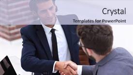  Presentation with handshake - Slide set consisting of hand holding new employee - closeup business handshake background and a  colored foreground