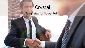  Presentation with handshake - Audience pleasing PPT layouts consisting of hand holding new employee - closeup business handshake backdrop and a  colored foreground