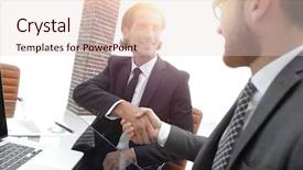  Presentation with handshake - Slides consisting of hand holding new employee - closeup business handshake background and a  colored foreground