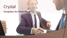  Presentation with business and politics handshake - Beautiful presentation theme featuring hand holding new employee - closeup business handshake backdrop and a  colored foreground