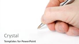  Presentation with hand holding puzzle piece - Cool new slide set with hand-holding-pen-isolated backdrop and a white colored foreground