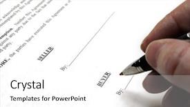  Presentation with agreement signing - Cool new presentation theme with hand holding pen signing a purchase contract or agreement backdrop and a white colored foreground