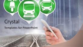  Presentation with digital - Colorful presentation theme enhanced with hand holding phone on railway backdrop and a  colored foreground