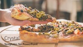  Presentation with pizzeria - Presentation theme having hand-holding-piece-of-fresh background and a coral colored foreground