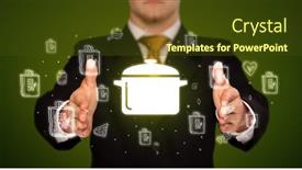  Presentation with food delivery - Colorful PPT theme enhanced with hand-holding-pot-icon-healthy backdrop and a tawny brown colored foreground