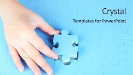  Presentation with hand holding puzzle piece - Colorful slide set enhanced with hand holding puzzle piece close backdrop and a  colored foreground