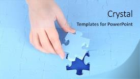  Presentation with hand holding puzzle piece - Colorful slide set enhanced with hand holding puzzle piece close backdrop and a light blue colored foreground