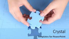  Presentation with hand holding puzzle piece - Presentation design featuring hand holding puzzle piece close background and a light blue colored foreground