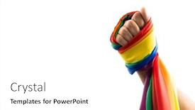  Presentation with lgbt pride flag rainbow flag - Slide deck consisting of hand-holding-rainbow-coloured-flag background and a white colored foreground