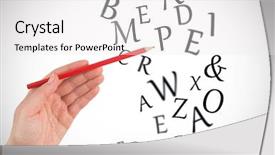  Presentation with hand holding pencil - Slide deck featuring hand holding red pencil against letters background and a white colored foreground