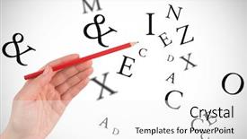  Presentation with hand holding pencil - Amazing slide deck having hand holding red pencil against letters backdrop and a white colored foreground