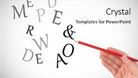  Presentation with hand holding pencil - Amazing PPT theme having hand holding red pencil against letters backdrop and a white colored foreground