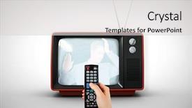  Presentation with remote - Presentation design with hand holding remote control background and a light gray colored foreground