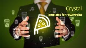  Presentation with food delivery - PPT theme with hand-holding-slice-of-pizza background and a tawny brown colored foreground