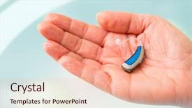  Presentation with hearing aid - PPT layouts featuring hand holding small inconspicuous hearing background and a lemonade colored foreground