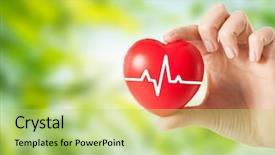  Presentation with cardiology concept - Slide deck consisting of hand holding small red heart background and a mint green colored foreground
