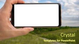  Presentation with smart - Amazing PPT theme having hand-holding-smart-phone backdrop and a tawny brown colored foreground