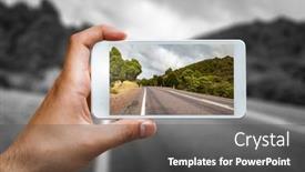  Presentation with smartphone - Presentation theme having hand-holding-smartphone-mobile-mixed background and a dark gray colored foreground