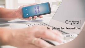  Presentation with online payment - Amazing slide set having hand holding smartphone over notebook concept of e-commers and making mobile payment for online order backdrop and a lemonade colored foreground