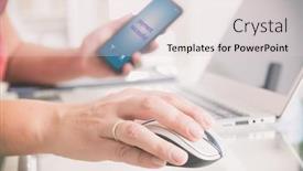  Presentation with online payment - Presentation design consisting of hand holding smartphone over notebook concept of e-commers and making mobile payment for online order background and a light gray colored foreground