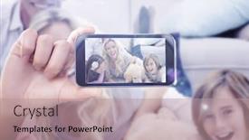  Presentation with family pet - Amazing slide set having hand holding smartphone showing against laughting family with their pet yellow labrador on the rug backdrop and a coral colored foreground