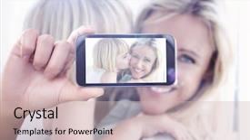  Presentation with daughter mother - Slide set featuring hand holding smartphone showing against mother sitting on the couch with her daughter kissing her cheek background and a soft green colored foreground